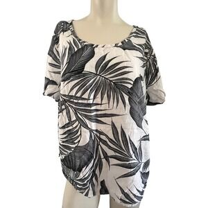 Tahari Linen Top 2X Black White Palm Leaf Print Short Sleeve Relaxed Fit Hi-Lo